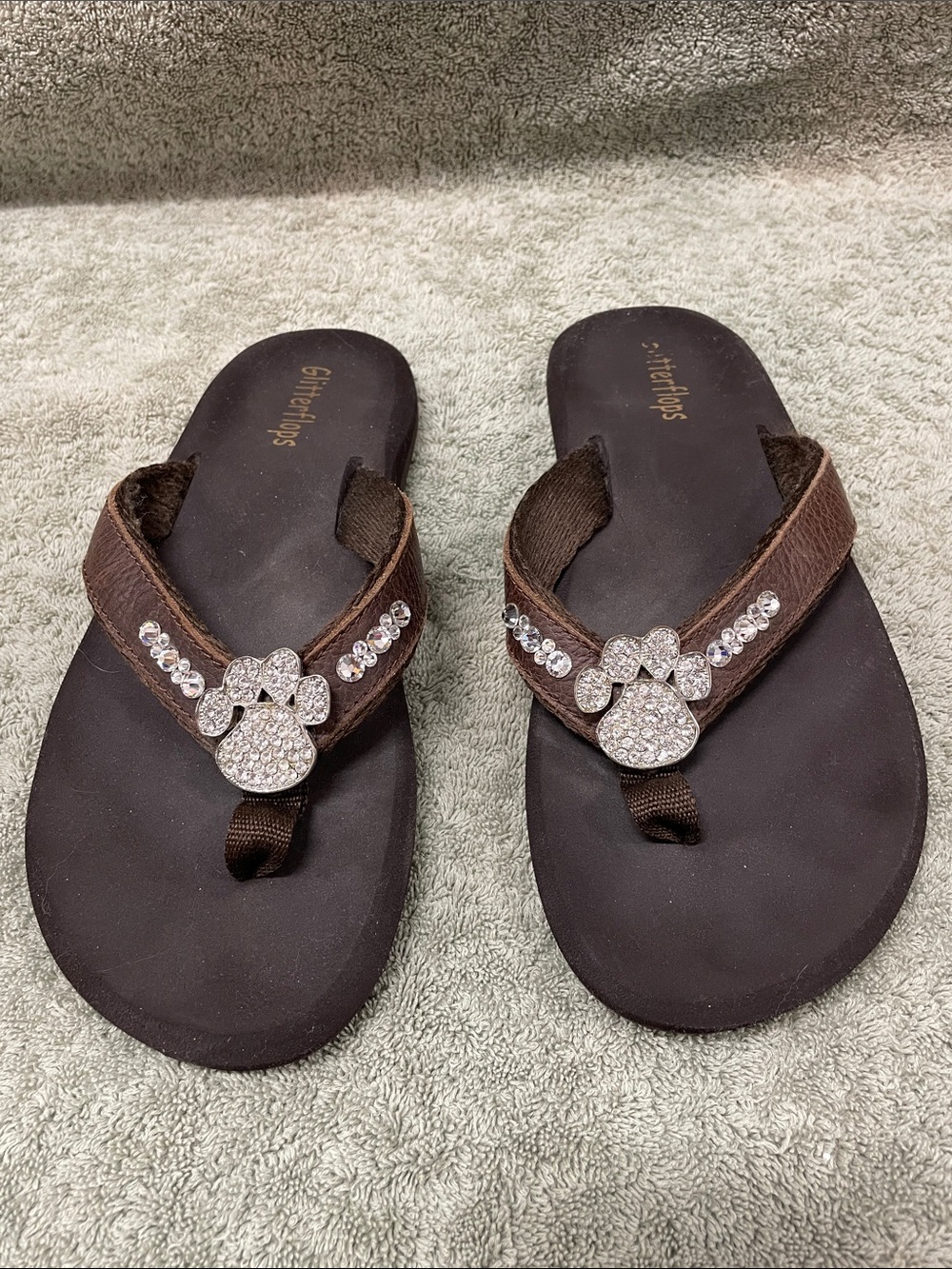 Brown Rhinestone Paw-Accent Flip Flop Sandals for Women